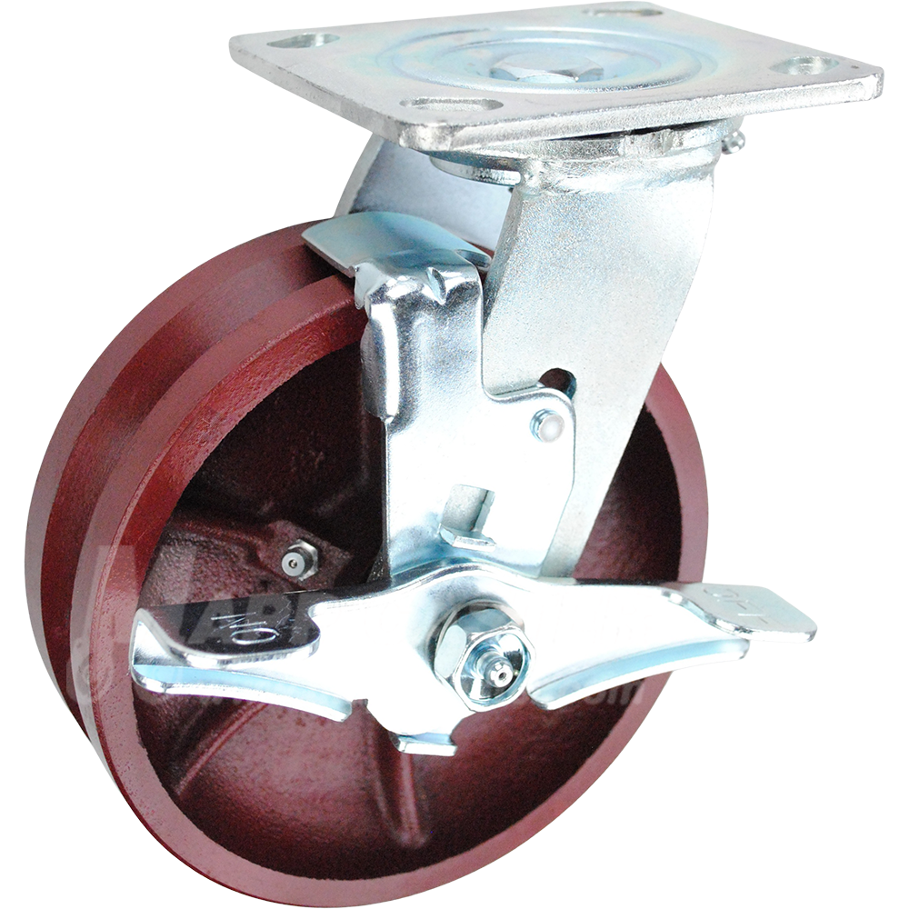 146DVRB620SB 6" x 2" Ductile Steel V-Groove Wheel Swivel Brake Caster - 1250 Lbs Capacity