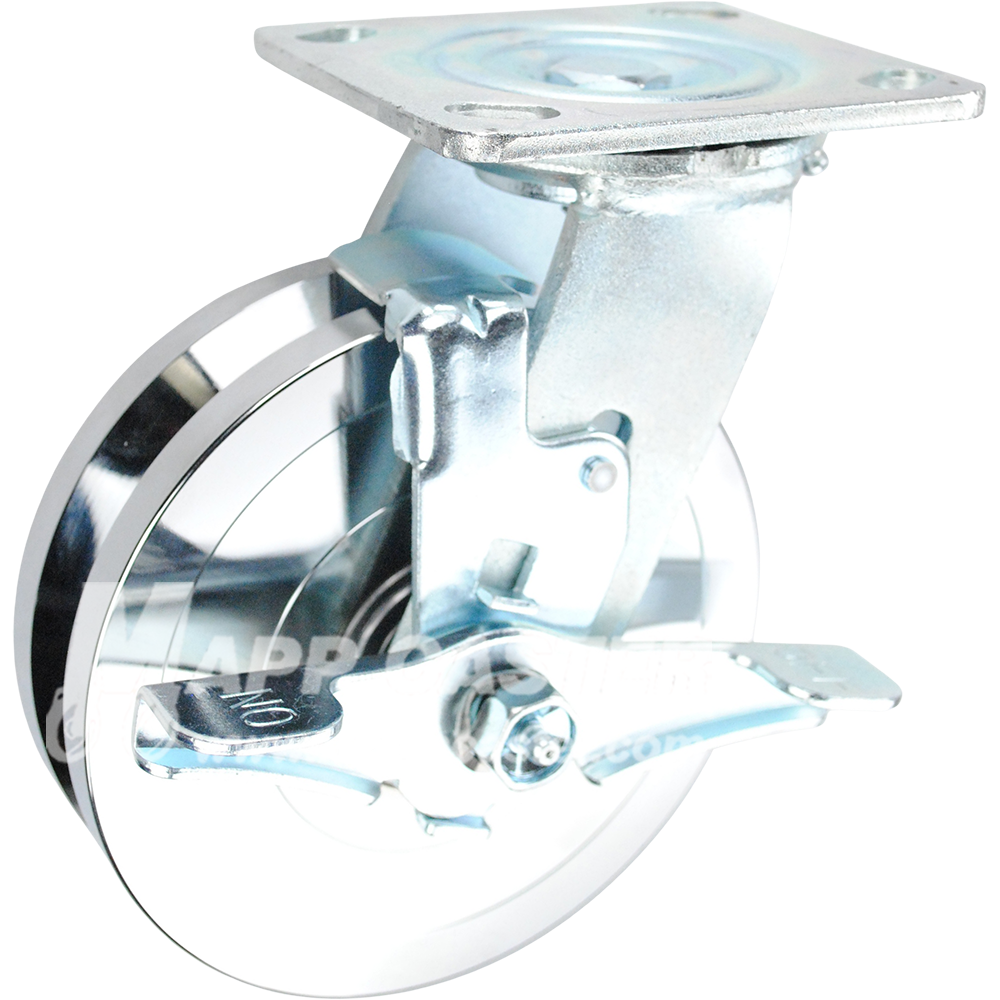 146FVG620B 6" x 1-3/4" Forged Steel V-Groove Wheel Swivel Brake Caster - 1250 Lbs Capacity