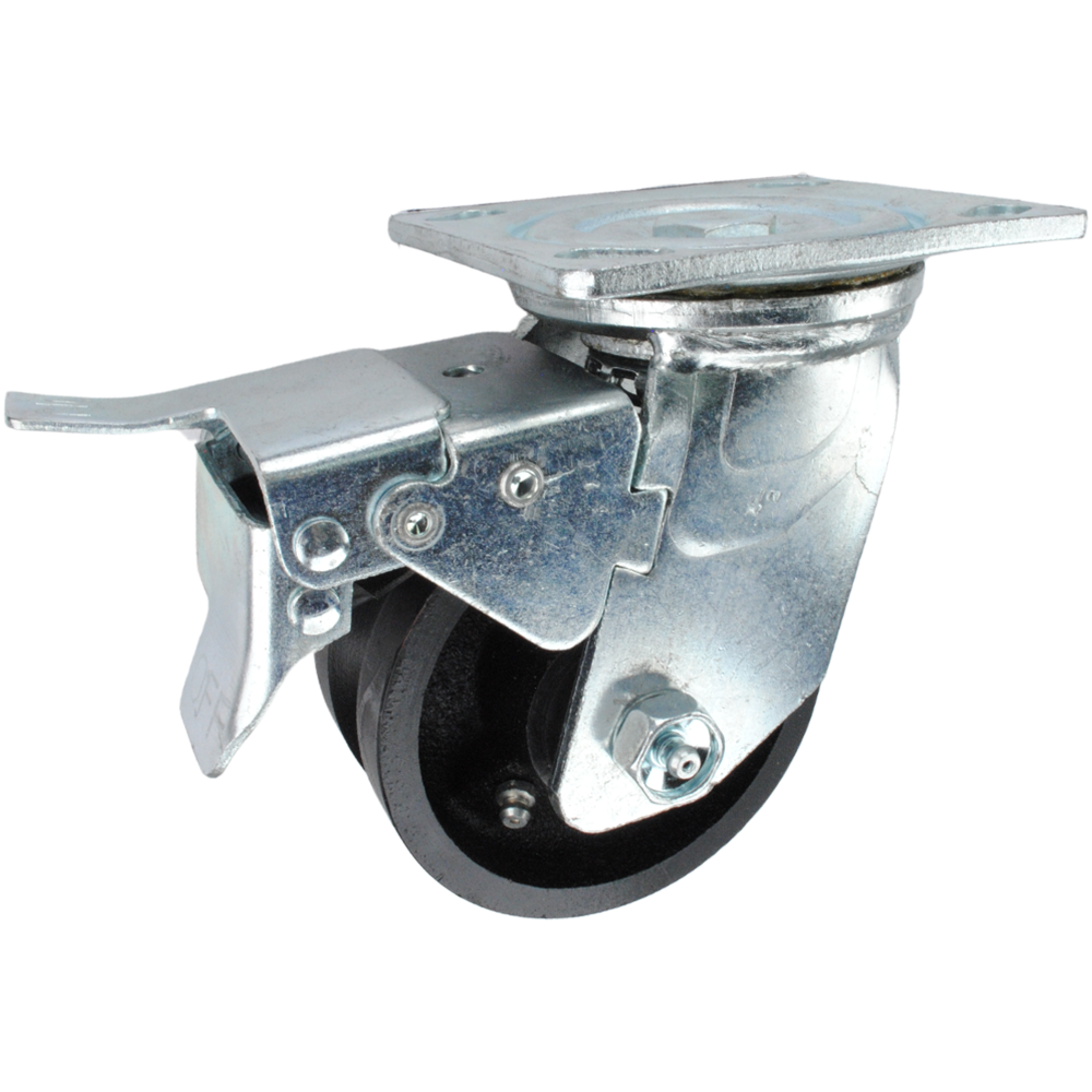 4" x 2" Cast lron V-Groove Wheel Swivel Caster with Total Locking Brake - 600 Lbs Capacity