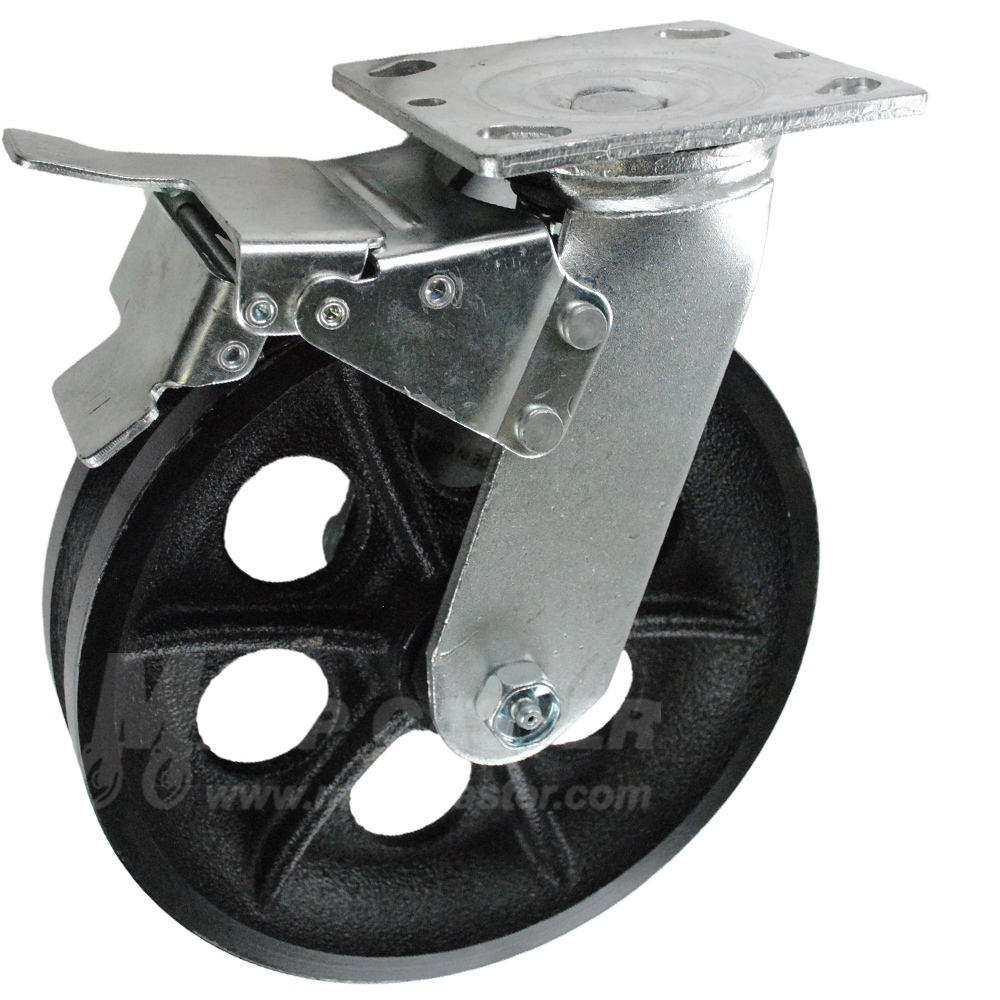 146VIRB820SBTL 8" x 2" Cast Iron V-Groove Wheel Swivel Caster w/ Total Lock Brake - 1000 lbs Capacity