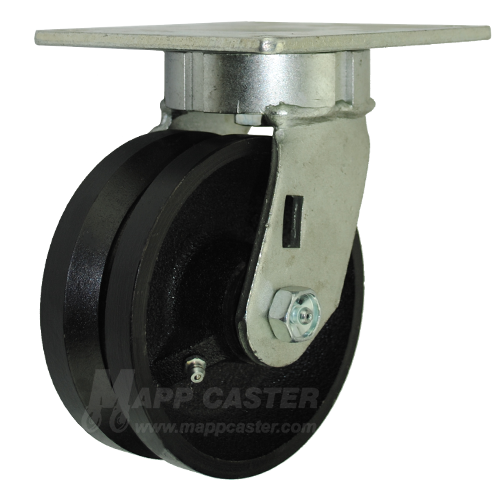 5" x 2" V-Groove Cast Iron Wheel Swivel Caster with 5" x 5-1/2" Top Plate - 900 Lbs Capacity