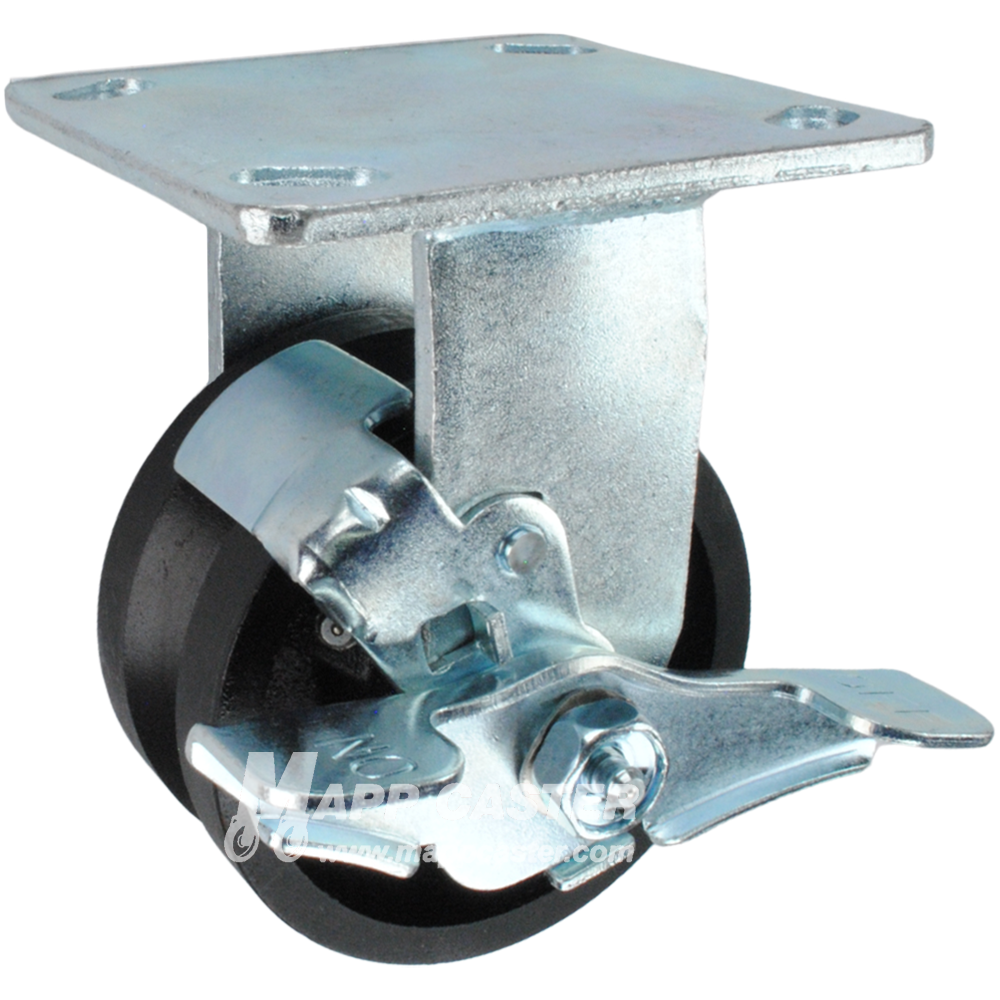 4" x 2" Cast lron V-Groove Wheel KPL Rigid Brake Caster - 600 Lbs Capacity SIDE VIEW