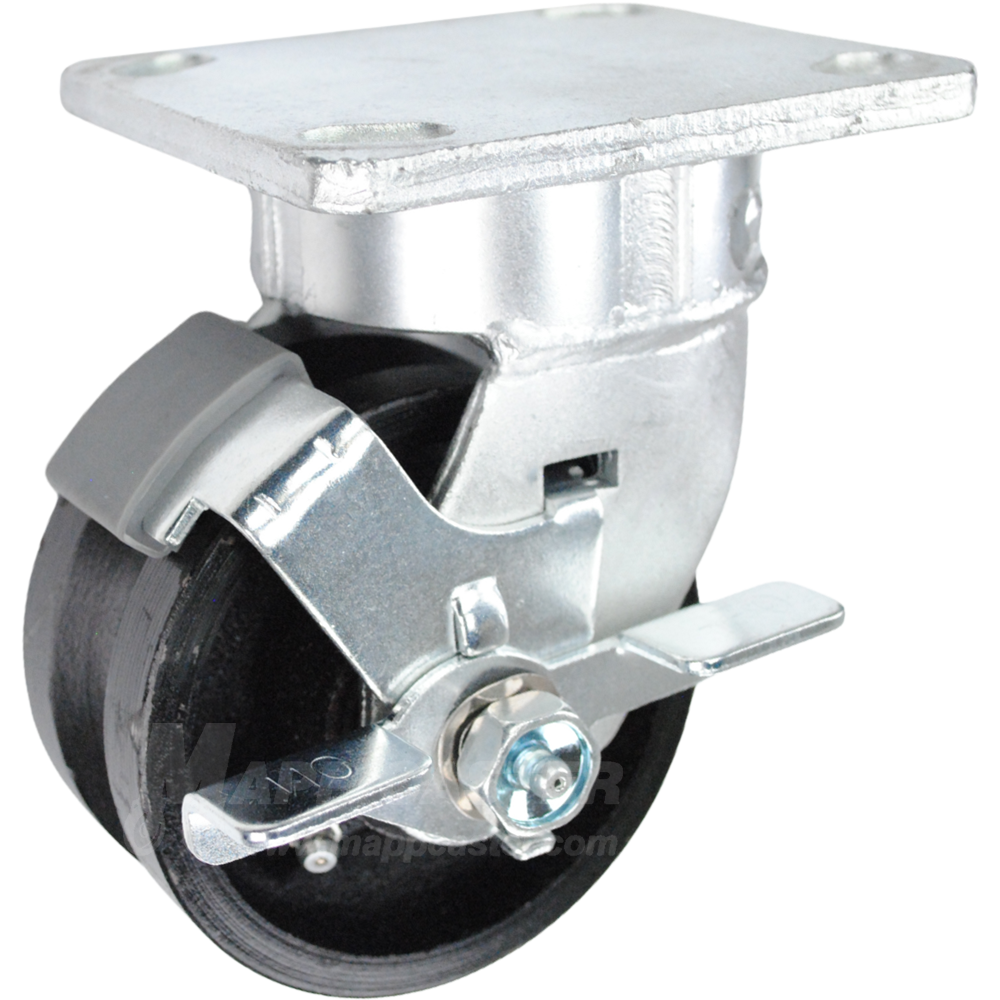 4" x 2" Cast lron V-Groove Wheel Kingpinless Swivel Brake Caster - 600 Lbs Capacity SIDE VIEW