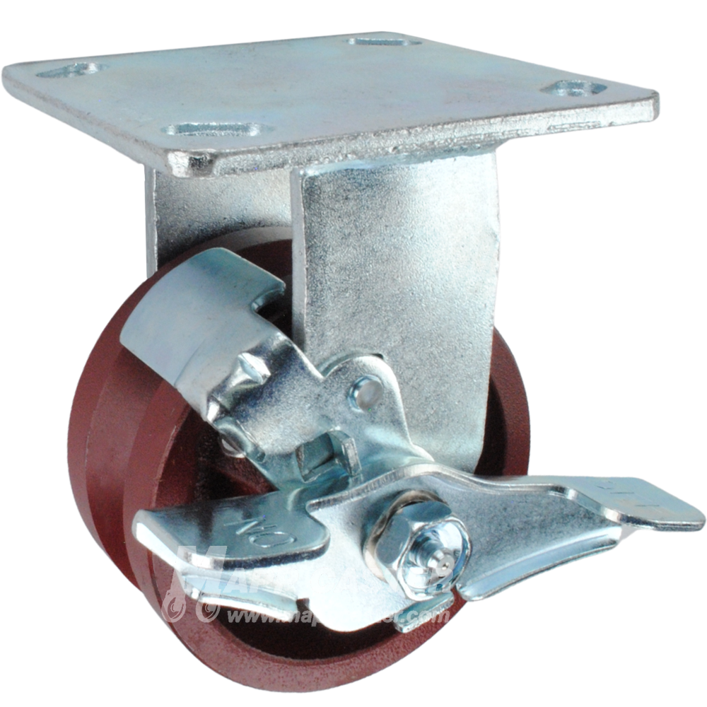 4" x 2" Ductile Steel V-Groove Wheel KPL Rigid Brake Caster - 1500 Lbs Capacity SIDE VIEW