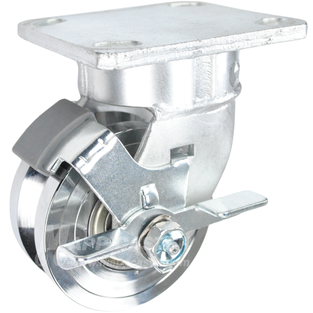 4" x 2" Forged Steel V-Groove Wheel Kingpinless Swivel Brake Caster - 2000 Lbs Capacity SIDE VIEW
