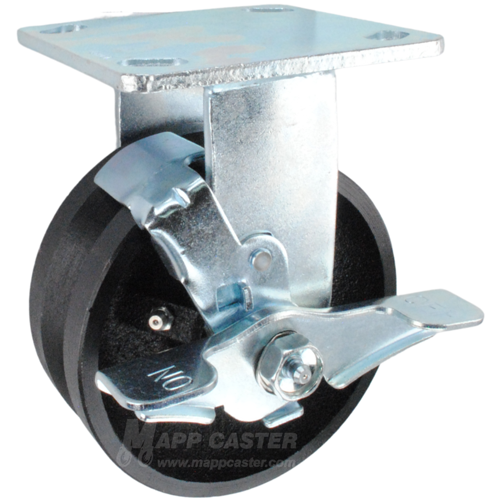 5" x 2" Cast Iron V-Groove Wheel Kingpinless Rigid Brake Caster - 900 Lbs Capacity Part # P50052VIRBTLB