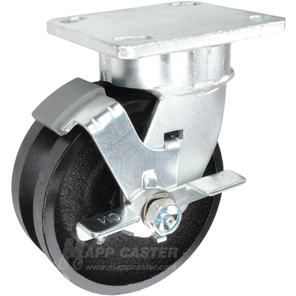 5" x 2" Cast Iron V-Groove Wheel Kingpinless Swivel Brake Caster - 900 Lbs Capacity Part # P51052VIRBTLB