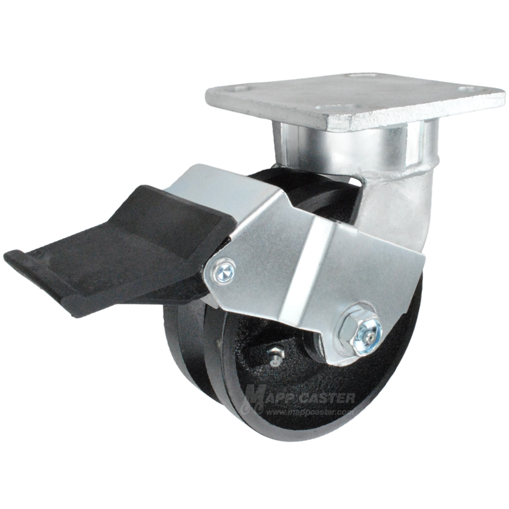 5" x 2" Cast Iron V-Groove Wheel Kingpinless Swivel Caster with Face Contact Brake - 900 Lbs Capacity Part # P51052VIRBFCB