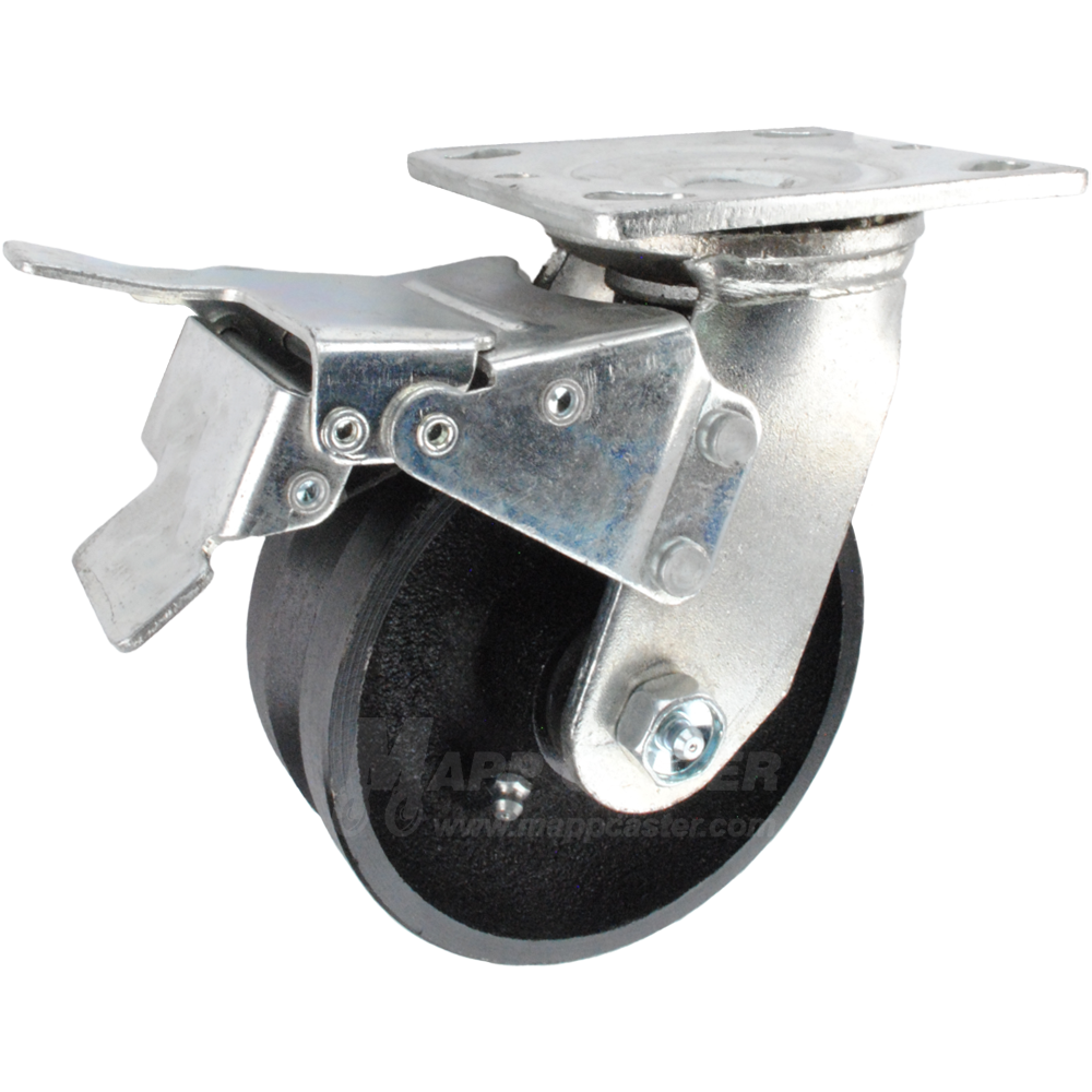 5" x 2" Cast Iron V-Groove Wheel Swivel Caster with Total Locking Brake - 900 Lbs Capacity 146VIRB520SBTL