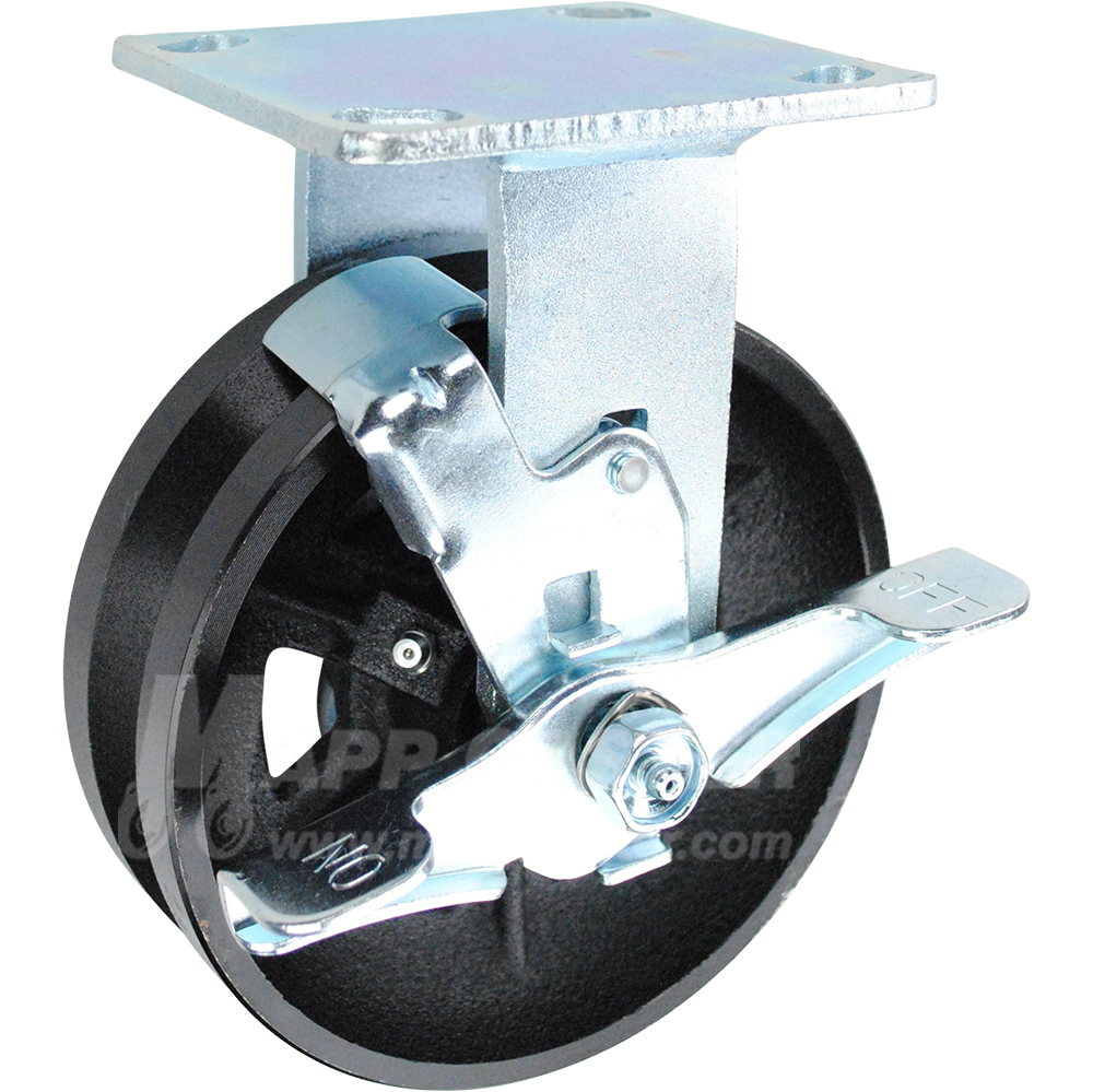 6" x 2" Cast Iron V-Groove Wheel Kingpinless Rigid Brake Caster - 1,000 Lbs Capacity Part # P50062VIRBTLB