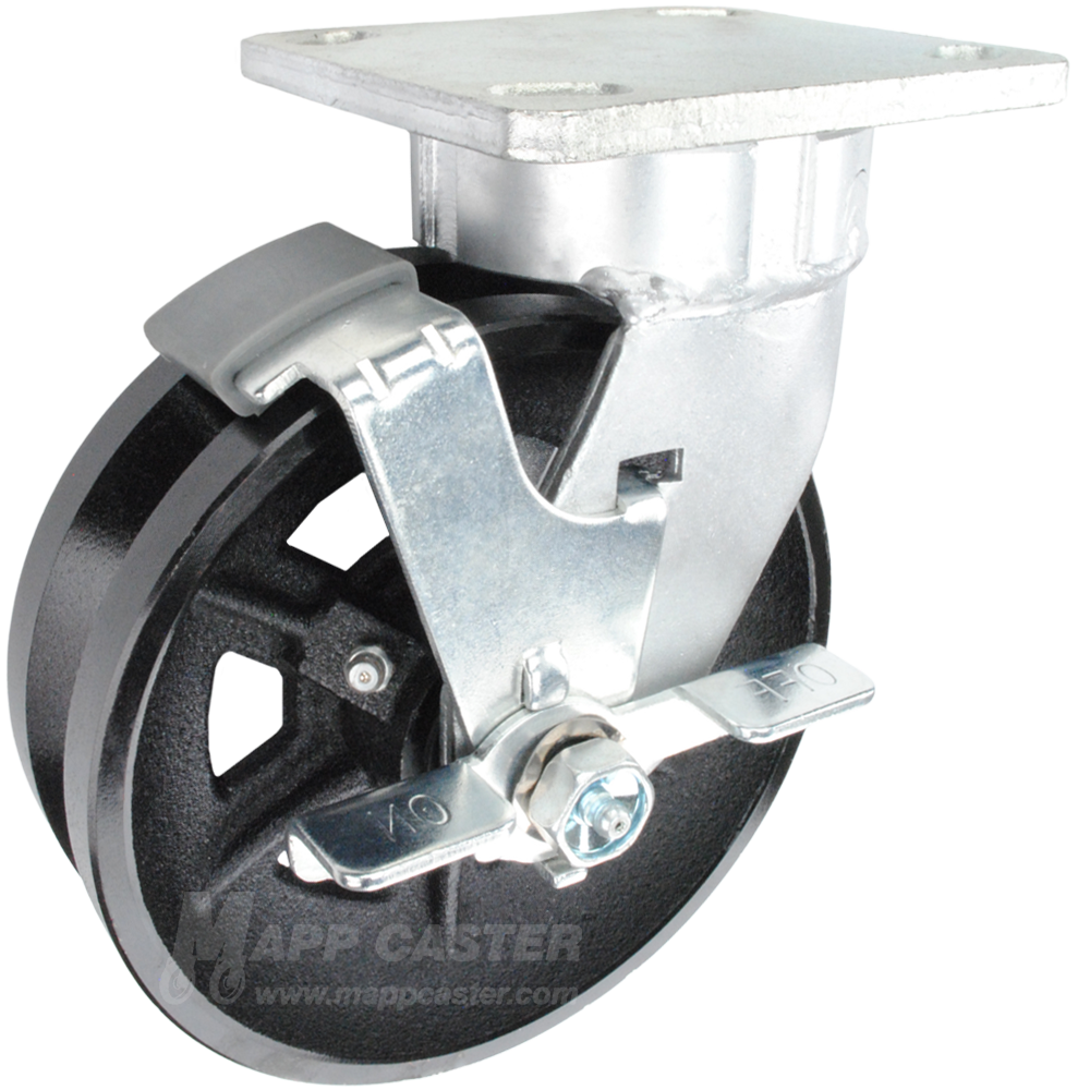 6" x 2" Cast Iron V-Groove Wheel Kingpinless Swivel Brake Caster - 1,000 Lbs Capacity Part # P51062VIRBTLB