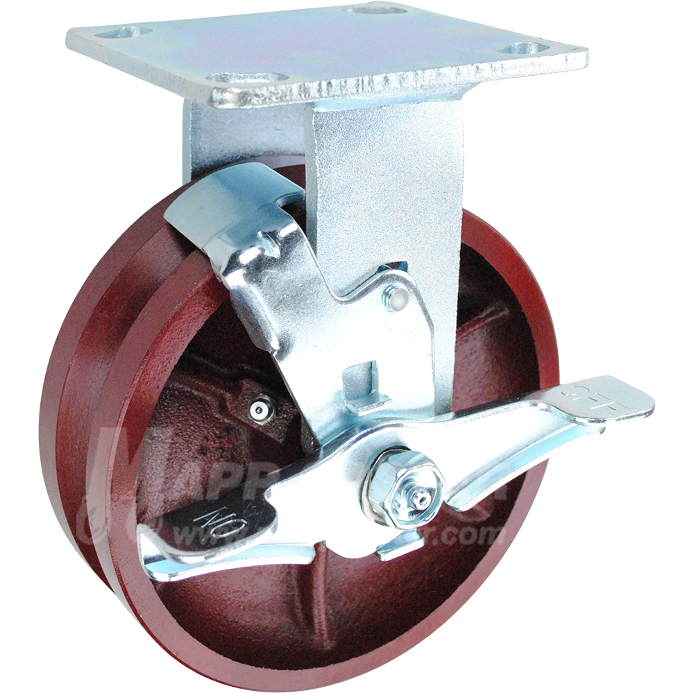 6" x 2" Ductile Steel V-Groove Wheel Kingpinless Rigid Brake Caster - 1,500 Lbs Capacity Part # P50062DVRBTLB