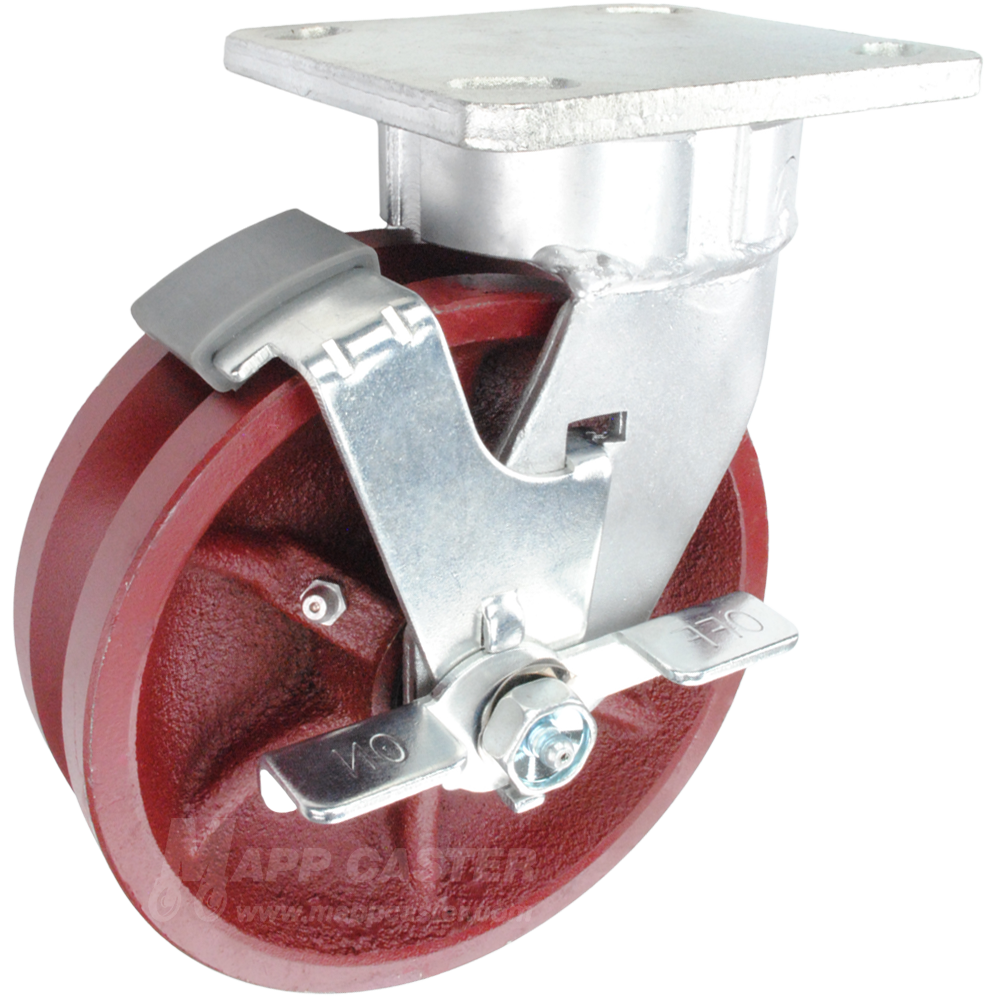 6" x 2" Ductile Steel V-Groove Wheel Kingpinless Swivel Brake Caster - 1,500 Lbs Capacity Part # P51062DVRBTLB