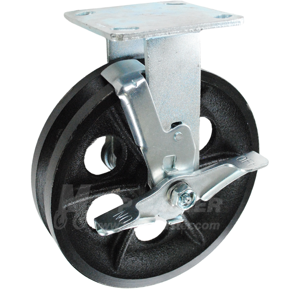 8" x 2" Cast Iron V-Groove Wheel Kingpinless Rigid Brake Caster - 1,200 Lbs Capacity Part # P50082VIRBTLB