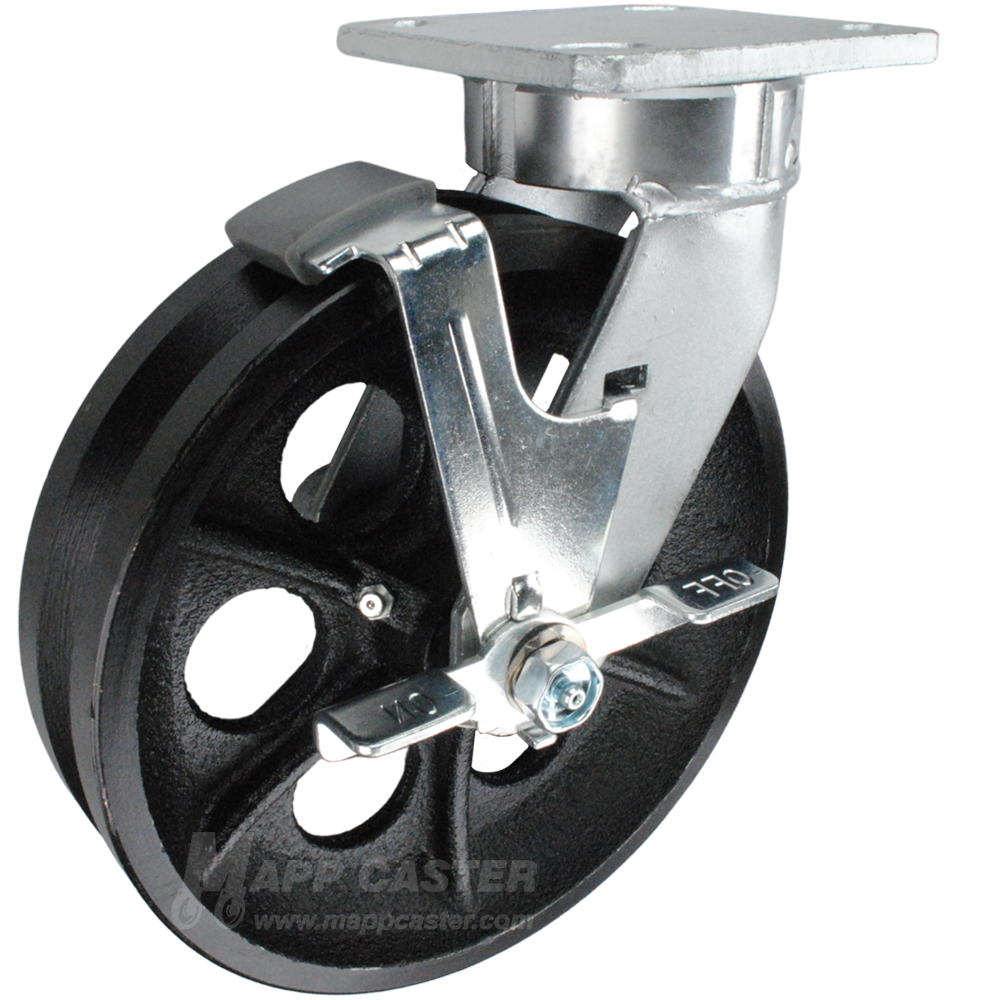 8" x 2" Cast Iron V-Groove Wheel Kingpinless Swivel Brake Caster - 1,200 Lbs Capacity Part # P51082VIRBTLB