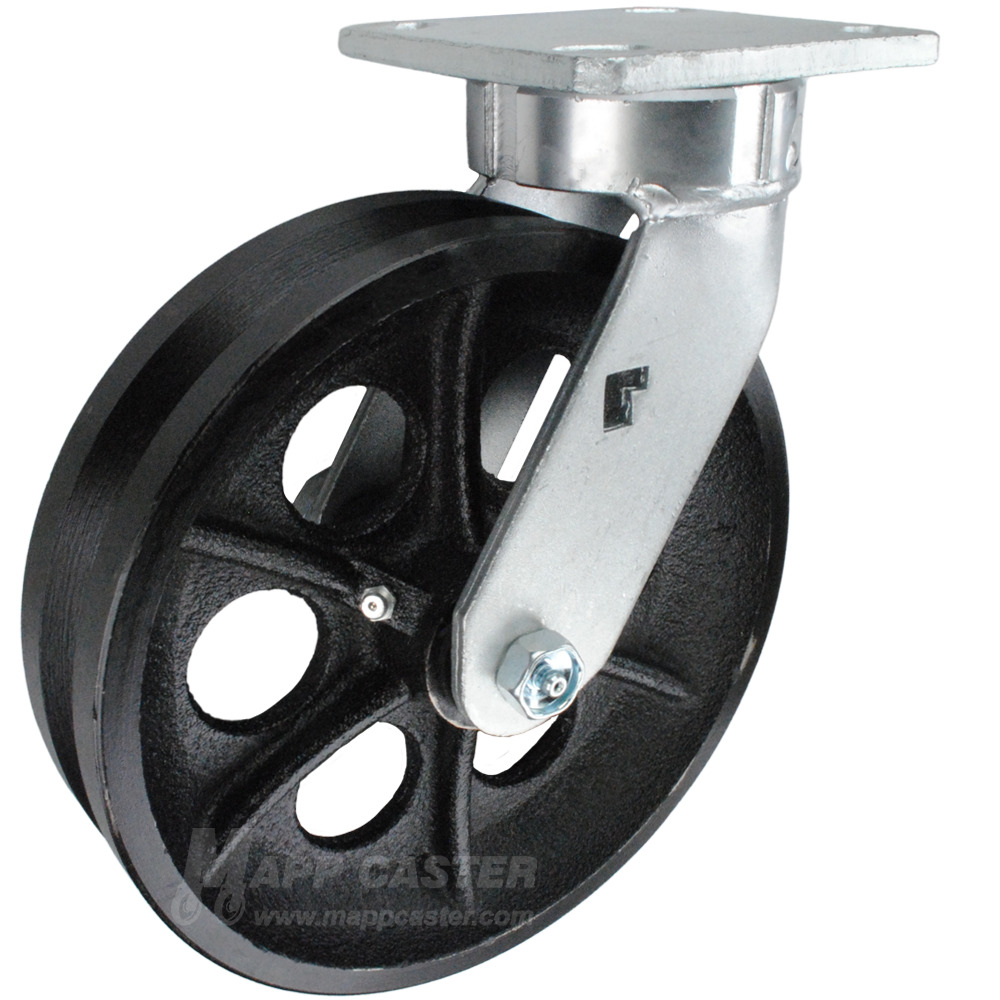 8" x 2" Cast Iron V-Groove Wheel Kingpinless Swivel Caster - 1,200 Lbs Capacity Heavy Duty