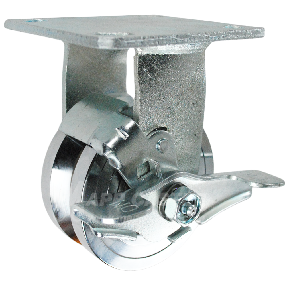 4" x 2" Forged Steel V-Groove Wheel Kingpinless Rigid Brake Caster - 2000 Lbs Capacity