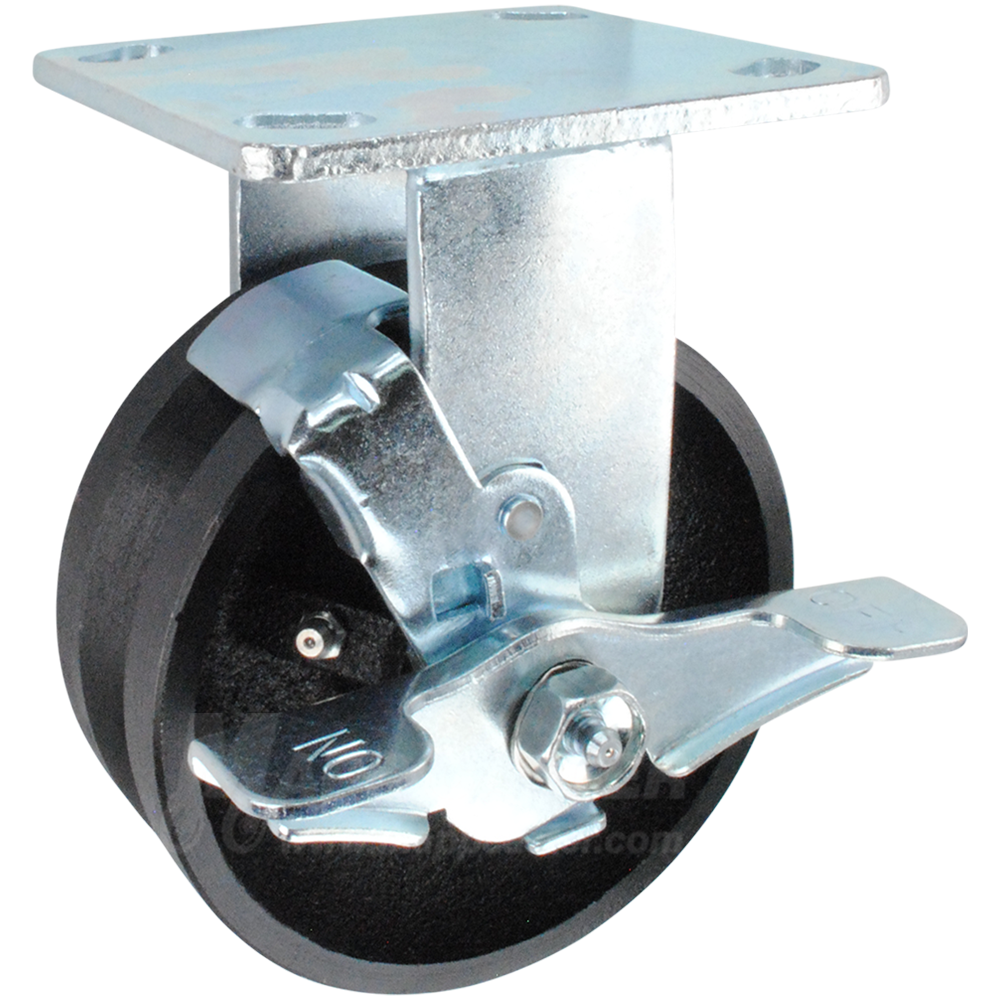 5" x 2" Cast Iron V-Groove Wheel Rigid Brake Caster - 900 Lbs Capacity
