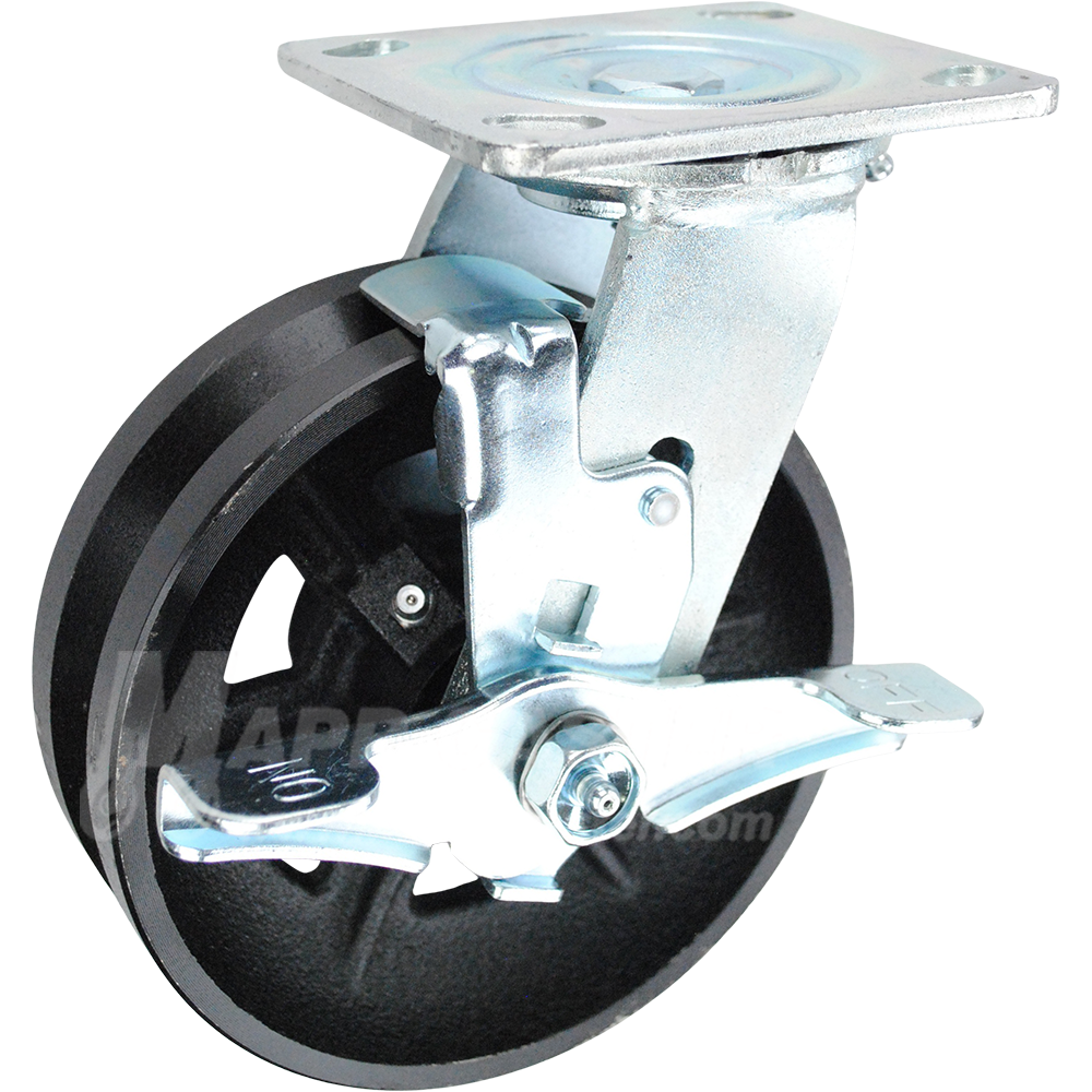 146VIRB620SB 6" x 2" Cast Iron V-Groove Wheel Swivel Brake Caster - 1000 Lbs Capacity