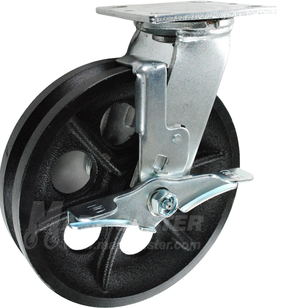 146VIRB820SB 8" x 2" Cast Iron V-Groove Wheel Swivel Brake Caster - 1000 Lbs Capacity