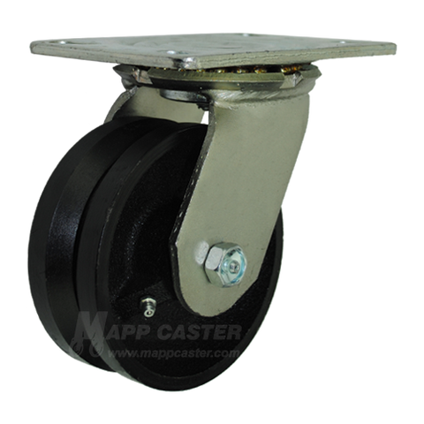 5" x 2" V-Groove Cast Iron Wheel Swivel Caster with 6-1/4" x 4-1/2" Top Plate - 900 Lbs Capacity