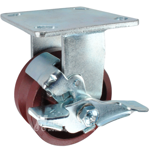 4" x 2" Ductile Steel V-Groove Wheel KPL Rigid Brake Caster - 1500 Lbs Capacity SIDE VIEW 