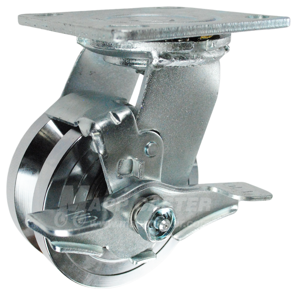4" x 2" Forged Steel V-Groove Wheel Swivel Brake Caster - 1250 Lbs  Capacity Kingpin