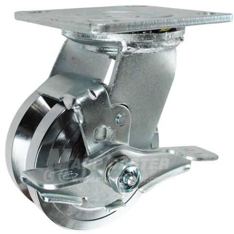 4" x 2" Forged Steel V-Groove Wheel Swivel Brake Caster - 1250 Lbs  Capacity Kingpin