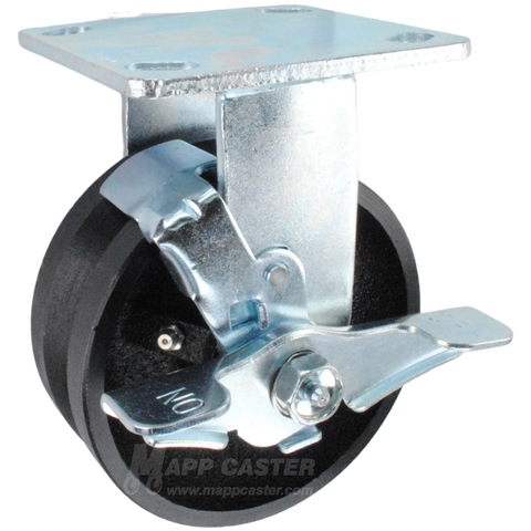 5" x 2" Cast Iron V-Groove Wheel Kingpinless Rigid Brake Caster - 900 Lbs Capacity Part # P50052VIRBTLB