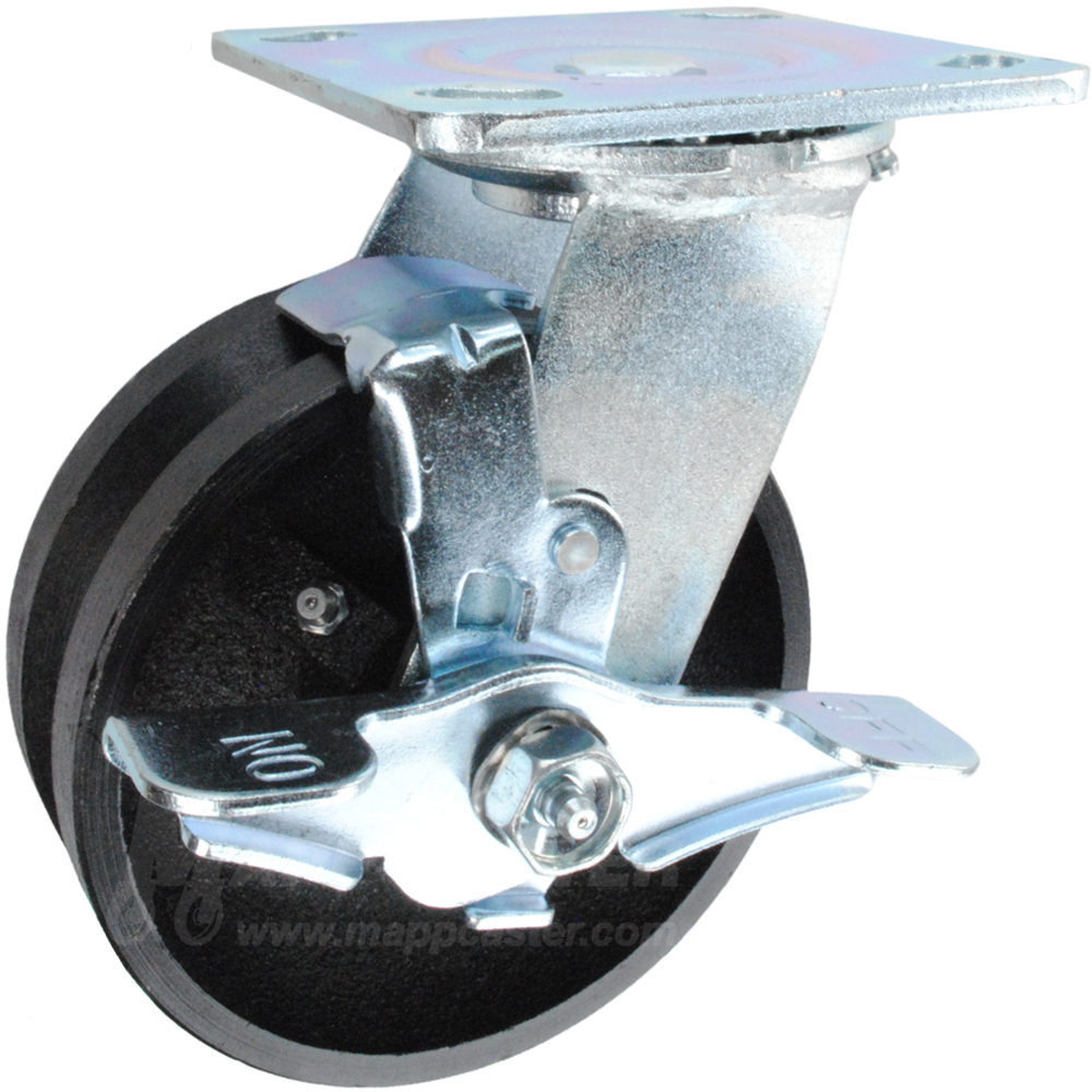 5" x 2" Cast Iron V-Groove Wheel Swivel Brake Caster - 900 Lbs Capacity 146VIRB520SB