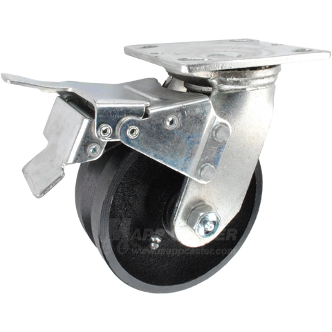 5" x 2" Cast Iron V-Groove Wheel Swivel Caster with Total Locking Brake - 900 Lbs Capacity 146VIRB520SBTL