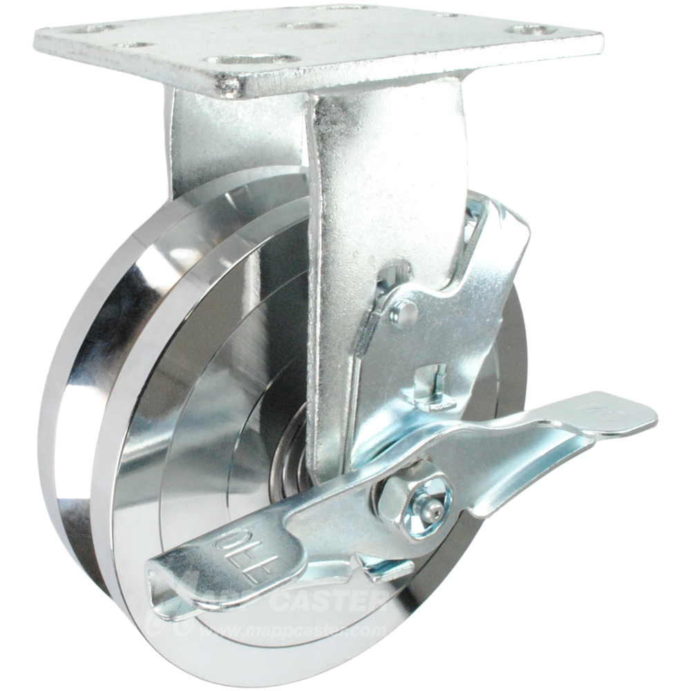 6" x 1-3/4" Forged Steel V-Groove Wheel Kingpinless Rigid Brake Caster - 2,000 Lbs Capacity Part # P50062FVGTLB