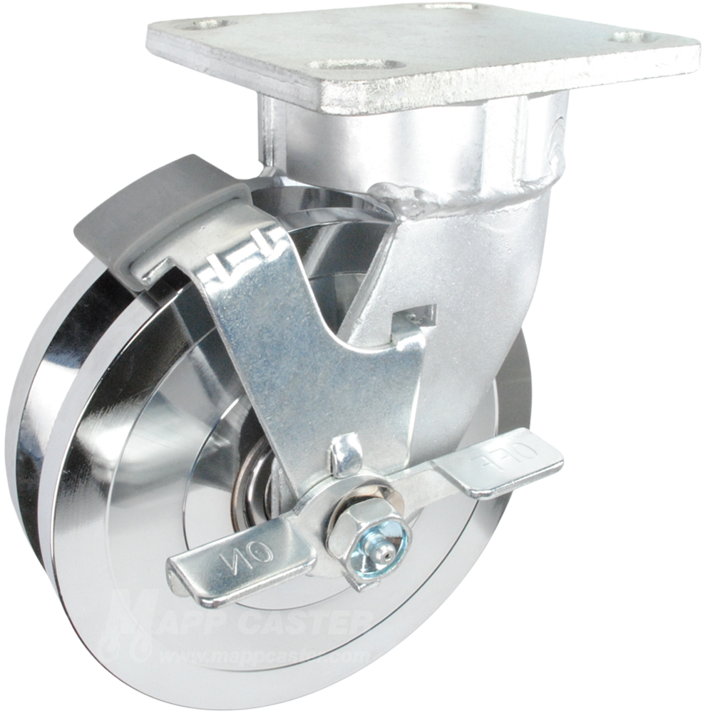 6" x 1-3/4" Forged Steel V-Groove Wheel Kingpinless Swivel Brake Caster - 2,000 Lbs Capacity Part # P51062FVGTLB