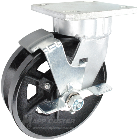 6" x 2" Cast Iron V-Groove Wheel Kingpinless Swivel Brake Caster - 1,000 Lbs Capacity Part # P51062VIRBTLB