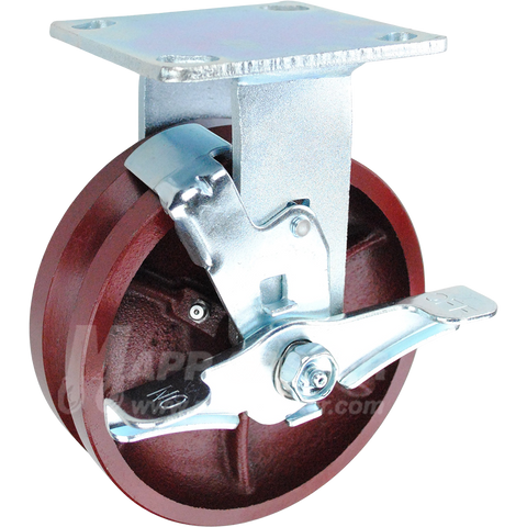 6" x 2" Ductile Steel V-Groove Wheel Kingpinless Rigid Brake Caster - 1,500 Lbs Capacity Part # P50062DVRBTLB