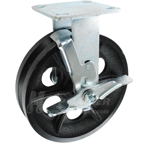 8" x 2" Cast Iron V-Groove Wheel Kingpinless Rigid Brake Caster - 1,200 Lbs Capacity Part # P50082VIRBTLB