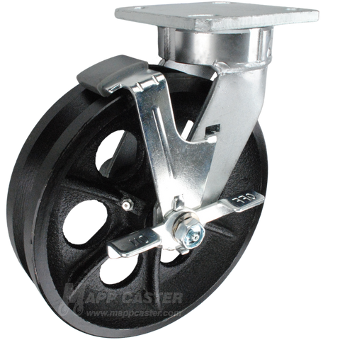 8" x 2" Cast Iron V-Groove Wheel Kingpinless Swivel Brake Caster - 1,200 Lbs Capacity Part # P51082VIRBTLB