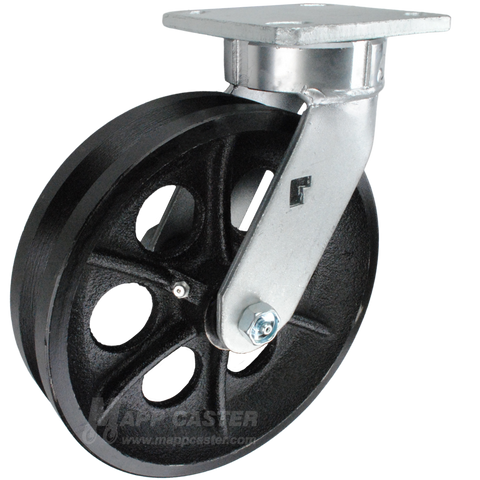 8" x 2" Cast Iron V-Groove Wheel Kingpinless Swivel Caster - 1,200 Lbs Capacity Heavy Duty