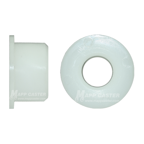 Two pieces of a flanged Delrin bearing designed for use with 2 inch wide caster wheels, displayed against a white background.