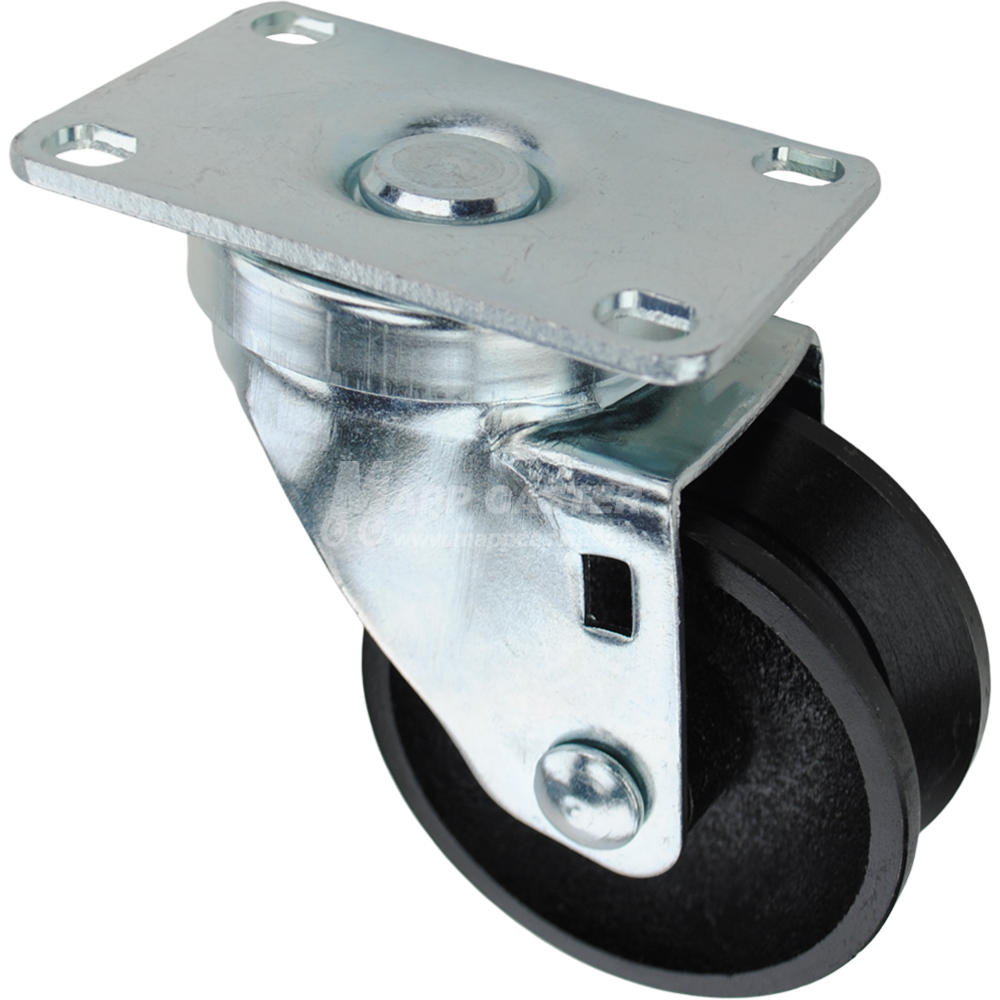 Swivel caster with a 3 inch black cast iron v-groove wheel and O1 metal plate