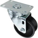 Swivel caster with a 3 inch black cast iron v-groove wheel and O1 metal plate
