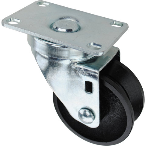 Swivel caster with a 3 inch black cast iron v-groove wheel and O1 metal plate