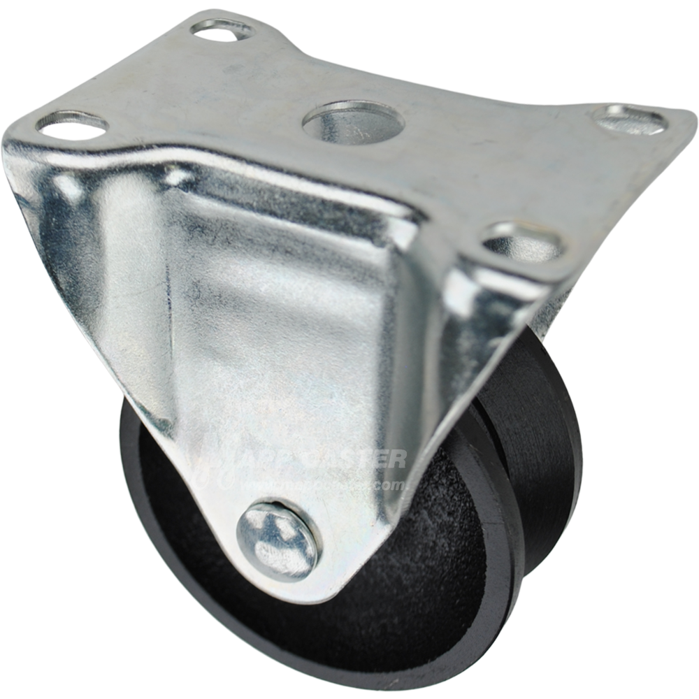 Rigid caster with a 3 inch black cast iron v-groove wheel and O1 mounting plate